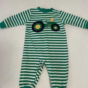 Striped Green Kids Footie with Tractor Design